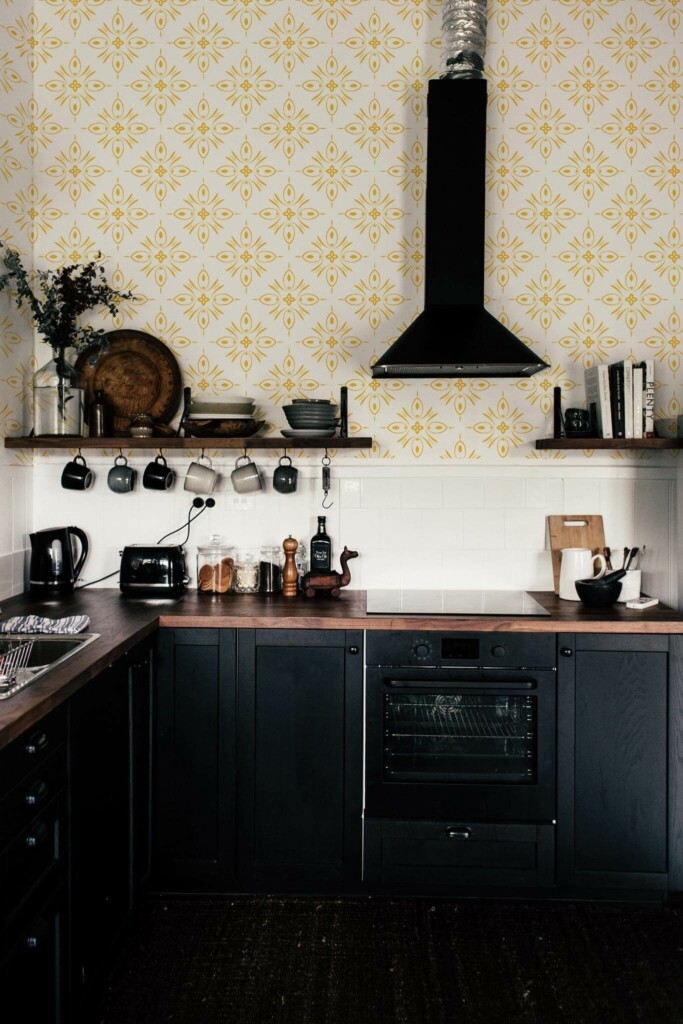 Dark industrial style kitchen decorated with Yellow floral tile peel and stick wallpaper