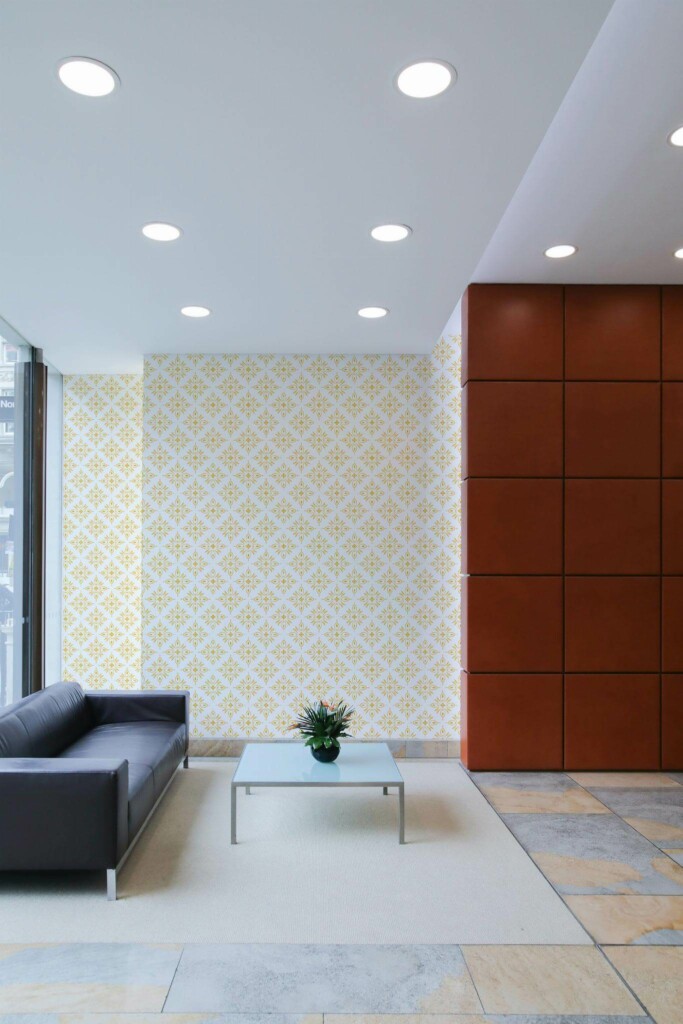 Minimal mid-century style living room decorated with Yellow floral tile peel and stick wallpaper