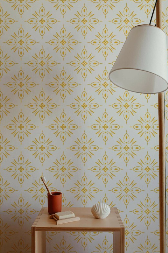 Minimal style bathroom decorated with Yellow floral tile peel and stick wallpaper