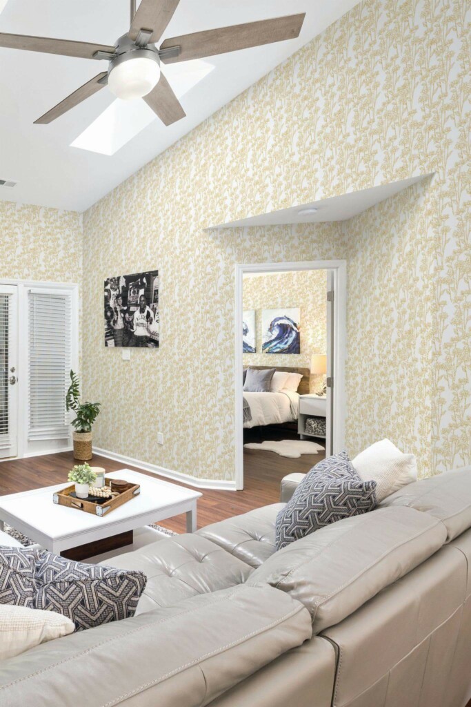 Coastal scandinavian style living room and bedroom decorated with Yellow flower peel and stick wallpaper