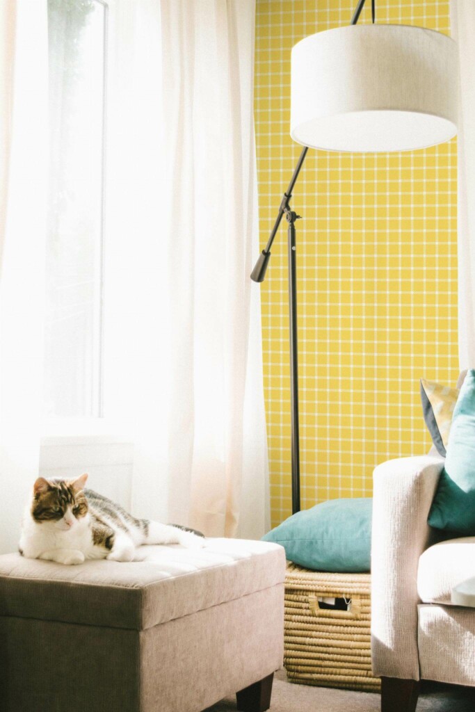 Coastal style living room decorated with Yellow gingham peel and stick wallpaper