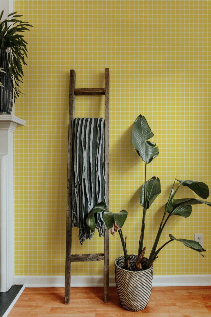 Scandinavian style living room decorated with Yellow gingham peel and stick wallpaper
