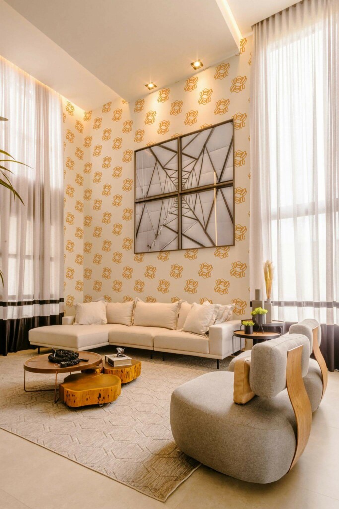 Contemporary style living room decorated with Yellow large floral peel and stick wallpaper