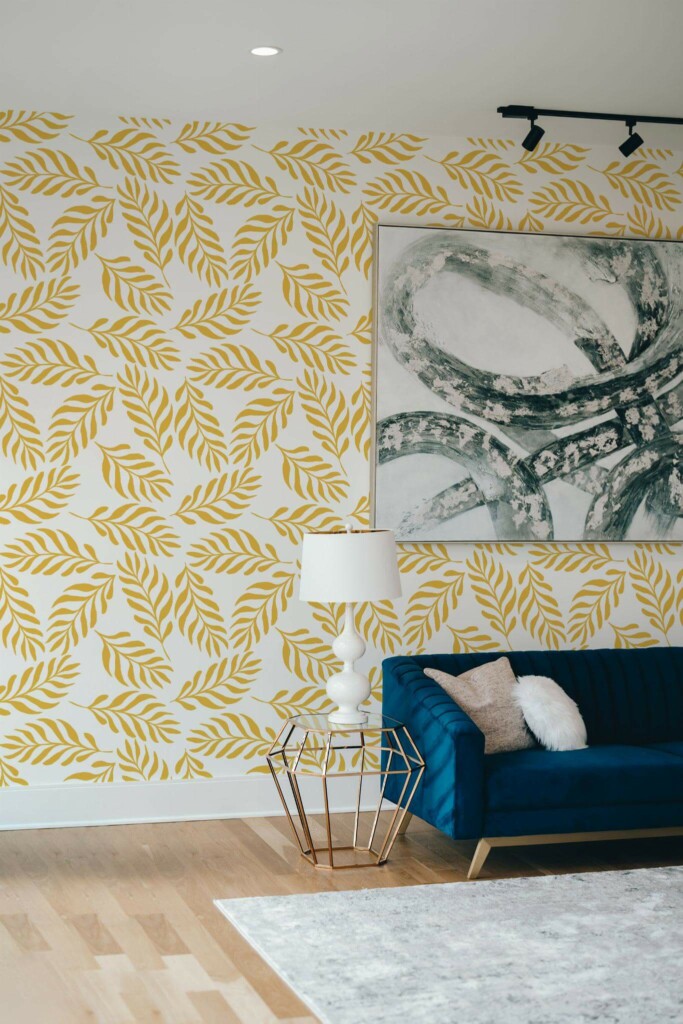Modern style living room decorated with Yellow leaf peel and stick wallpaper