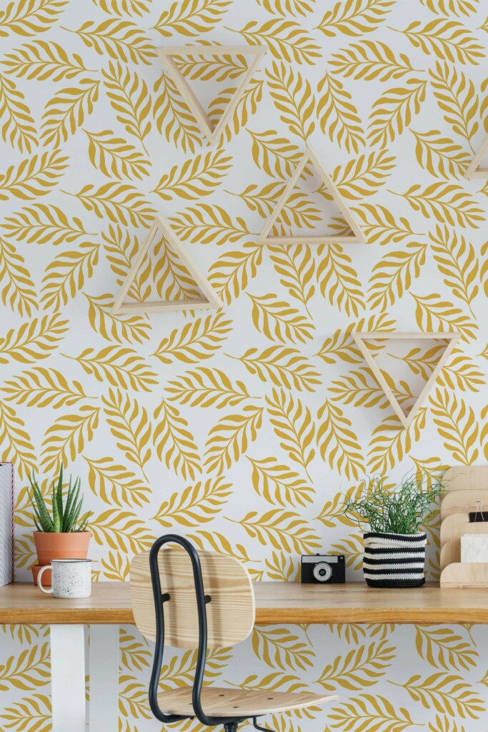Scandinavian style home office decorated with Yellow leaf peel and stick wallpaper