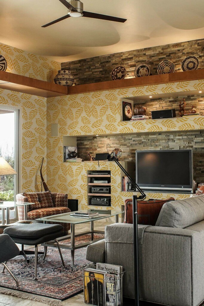 Scandinavian style living room decorated with Yellow leaf peel and stick wallpaper and Mediterranean accents