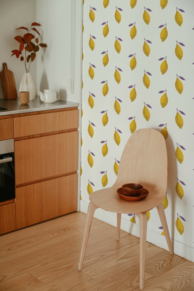 Boho style kitchen decorated with Yellow lemon peel and stick wallpaper
