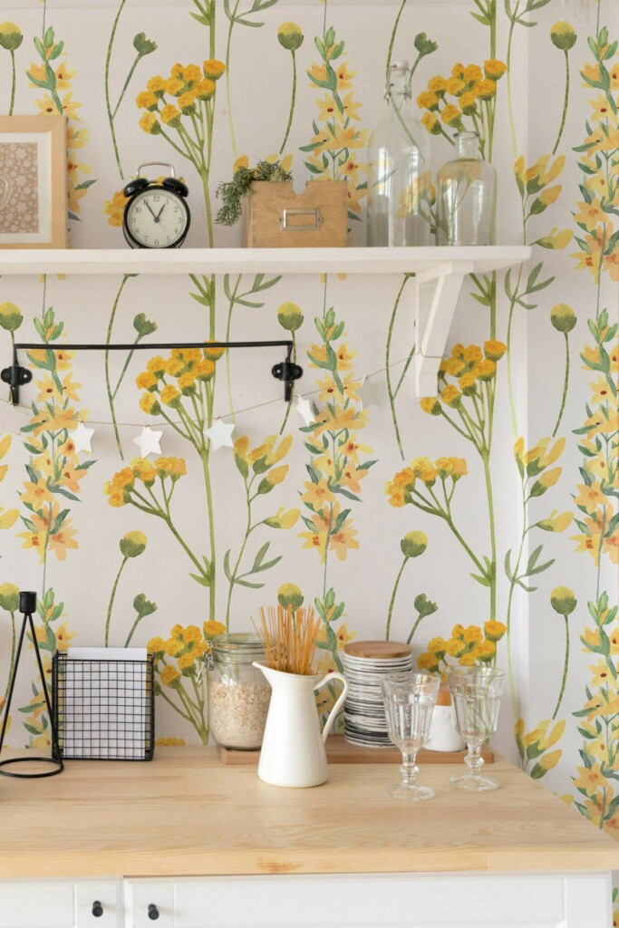 Light farmhouse style kitchen decorated with Yellow meadow flower peel and stick wallpaper