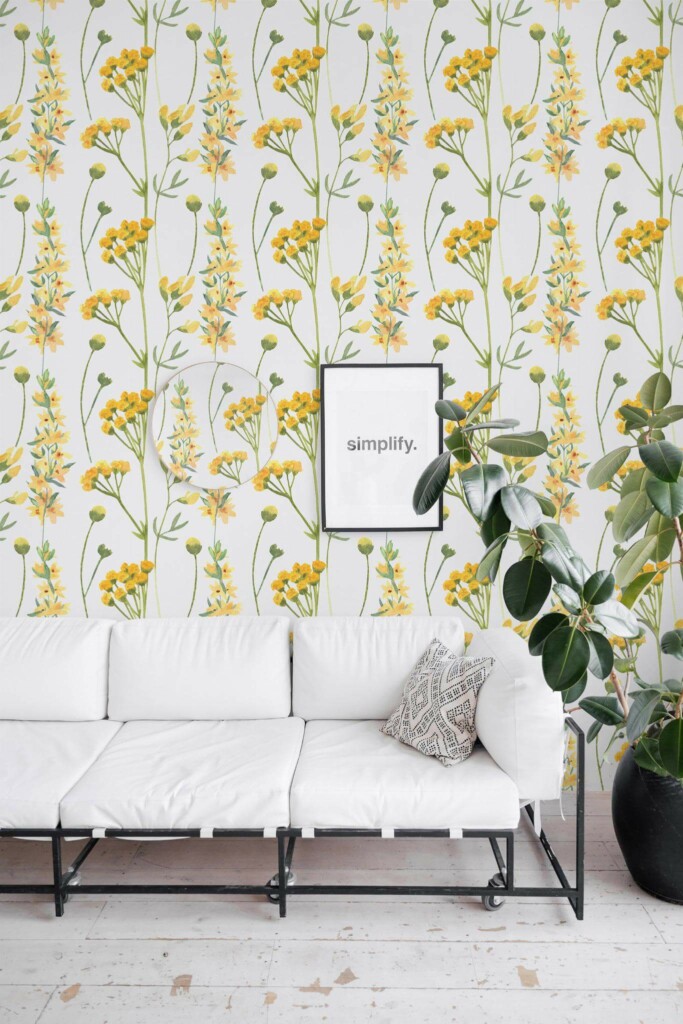 Minimal industrial style living room decorated with Yellow meadow flower peel and stick wallpaper