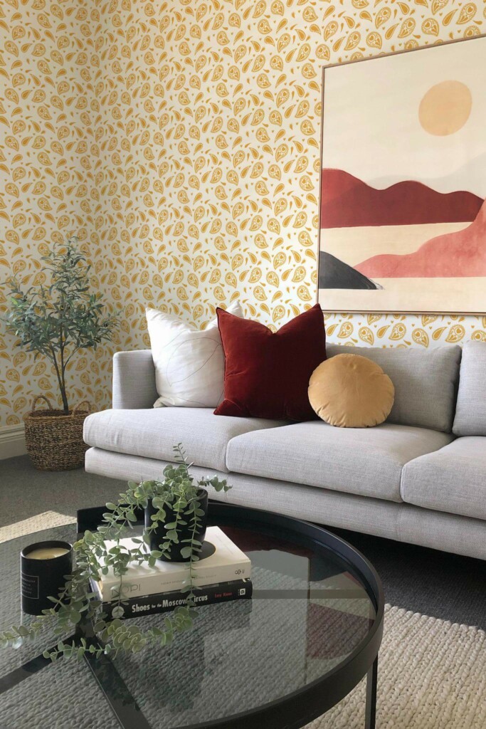 Boho style living room decorated with Yellow paisley peel and stick wallpaper