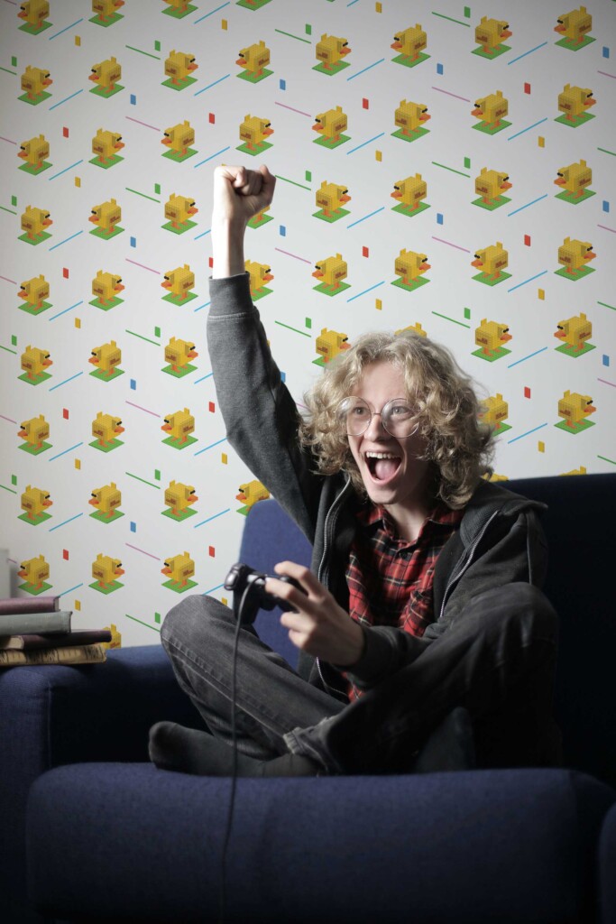 Self-adhesive wallpaper featuring fun pixel ducks by Fancy Walls