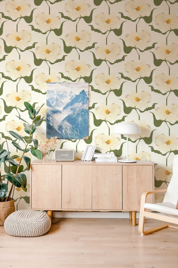 Peel and stick wallpaper with yellow pixel floral design by Fancy Walls