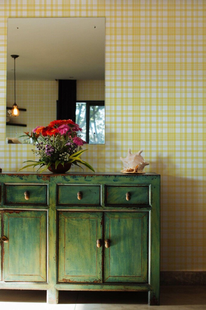 Industrial style living room decorated with Yellow plaid peel and stick wallpaper