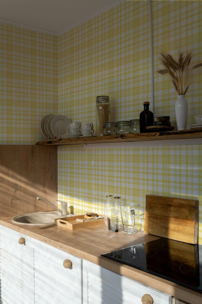 Minimal bohemian style kitchen decorated with Yellow plaid peel and stick wallpaper