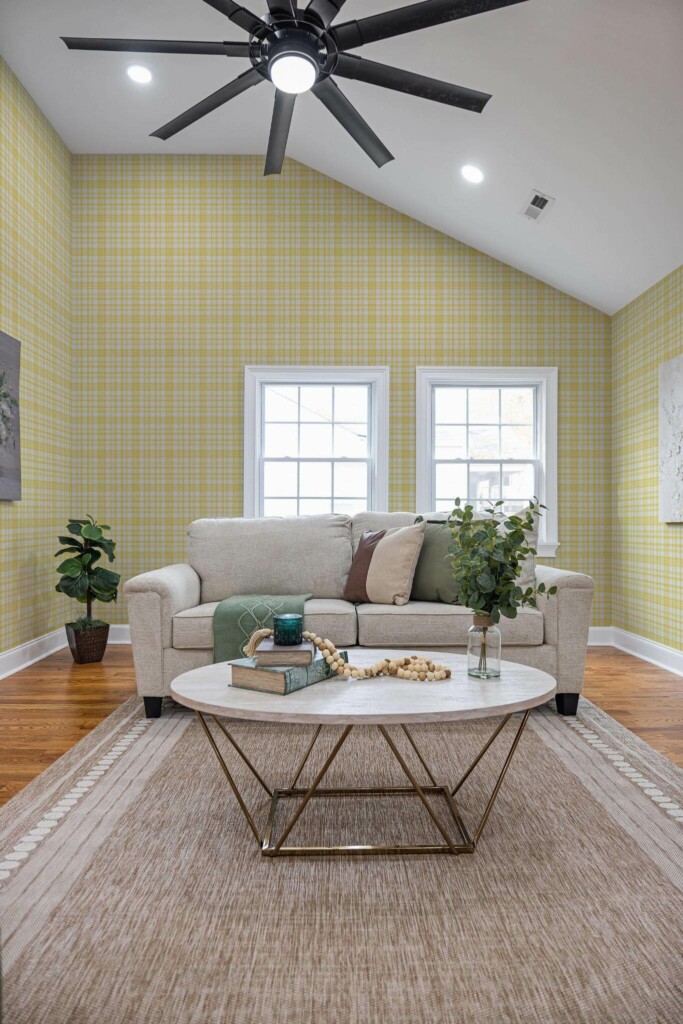 Scandinavian style living room decorated with Yellow plaid peel and stick wallpaper
