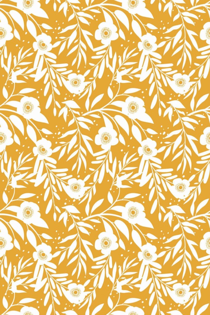 Pattern repeat of Yellow retro floral removable wallpaper design