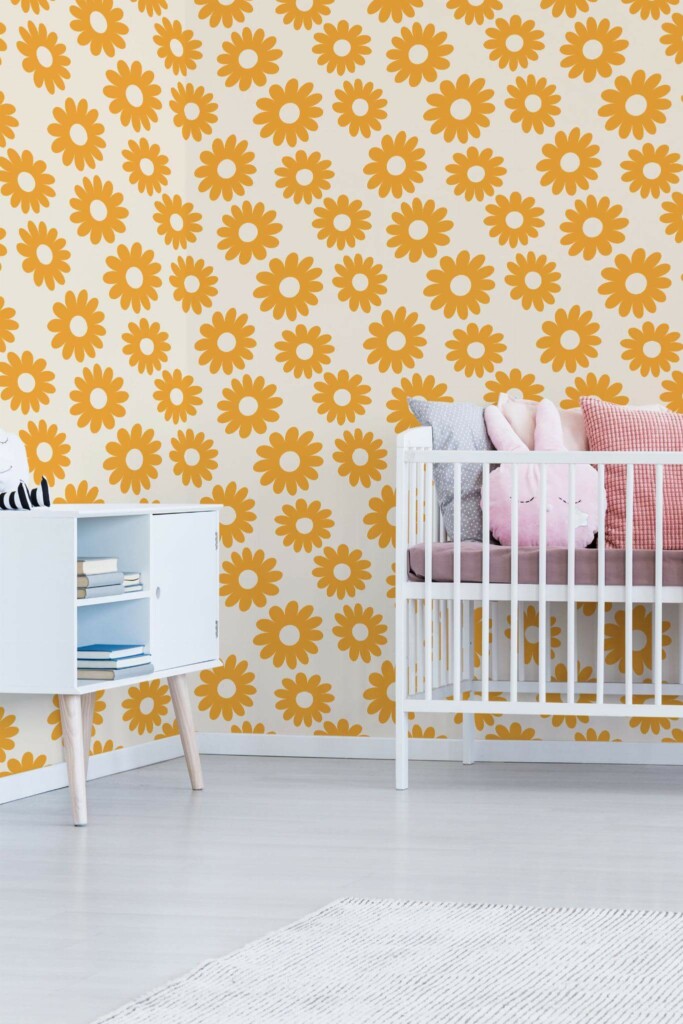 Minimal girly style nursery decorated with Yellow Retro floral peel and stick wallpaper