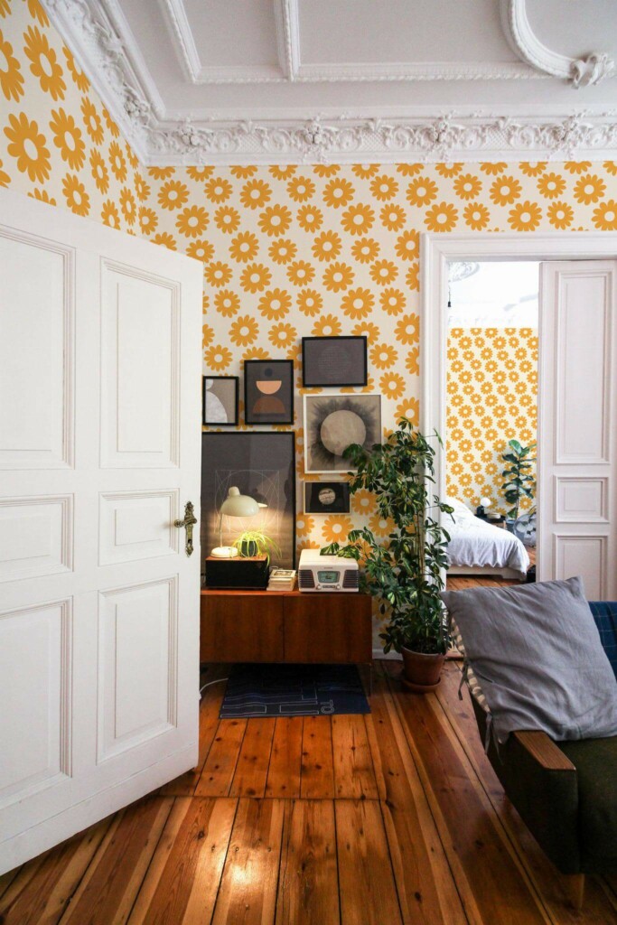 Mid-century modern luxury style living room and bedroom decorated with Yellow Retro floral peel and stick wallpaper