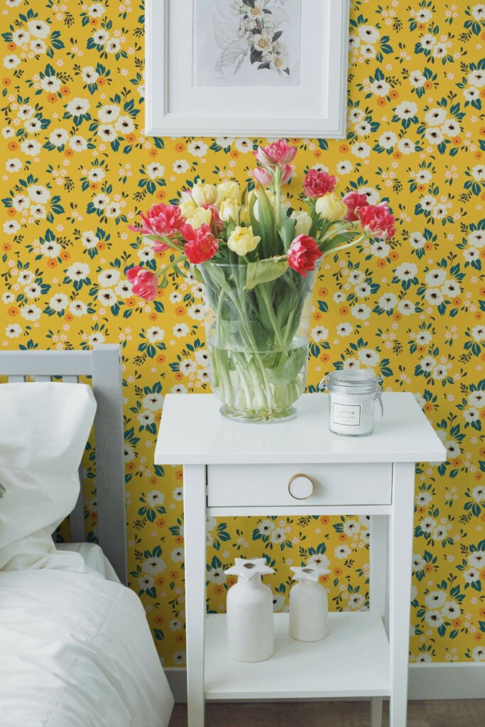 Farmhouse style bedroom decorated with Yellow seamless floral peel and stick wallpaper
