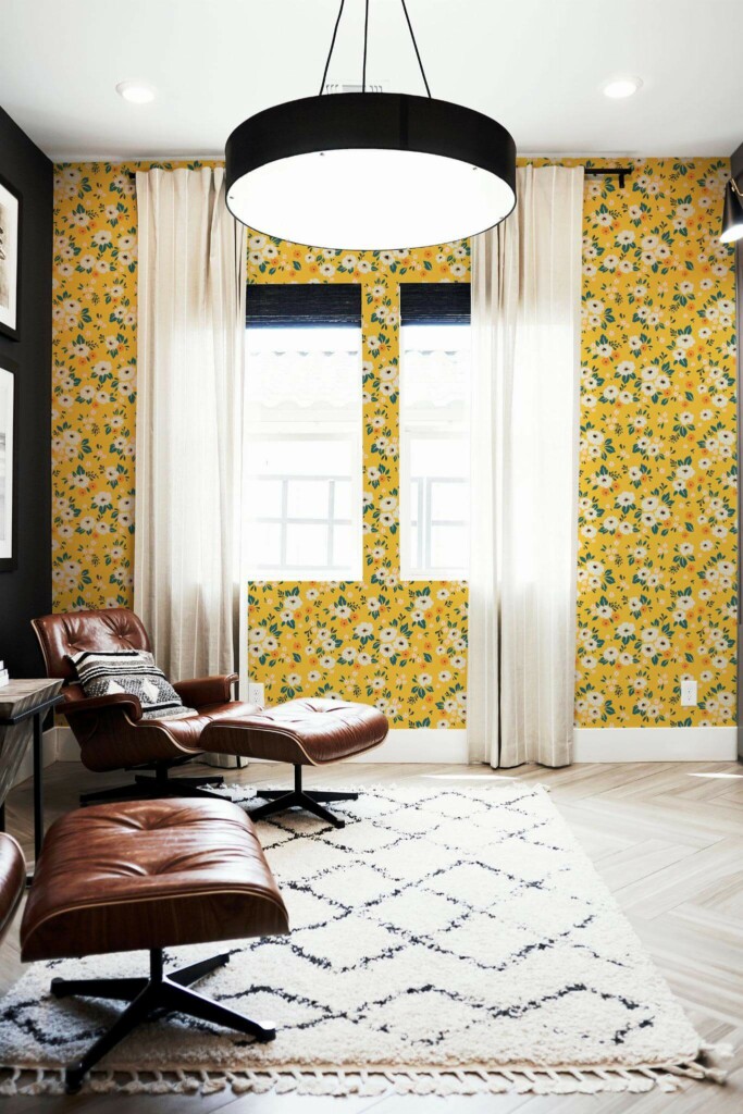 MId-century modern style living room decorated with Yellow seamless floral peel and stick wallpaper