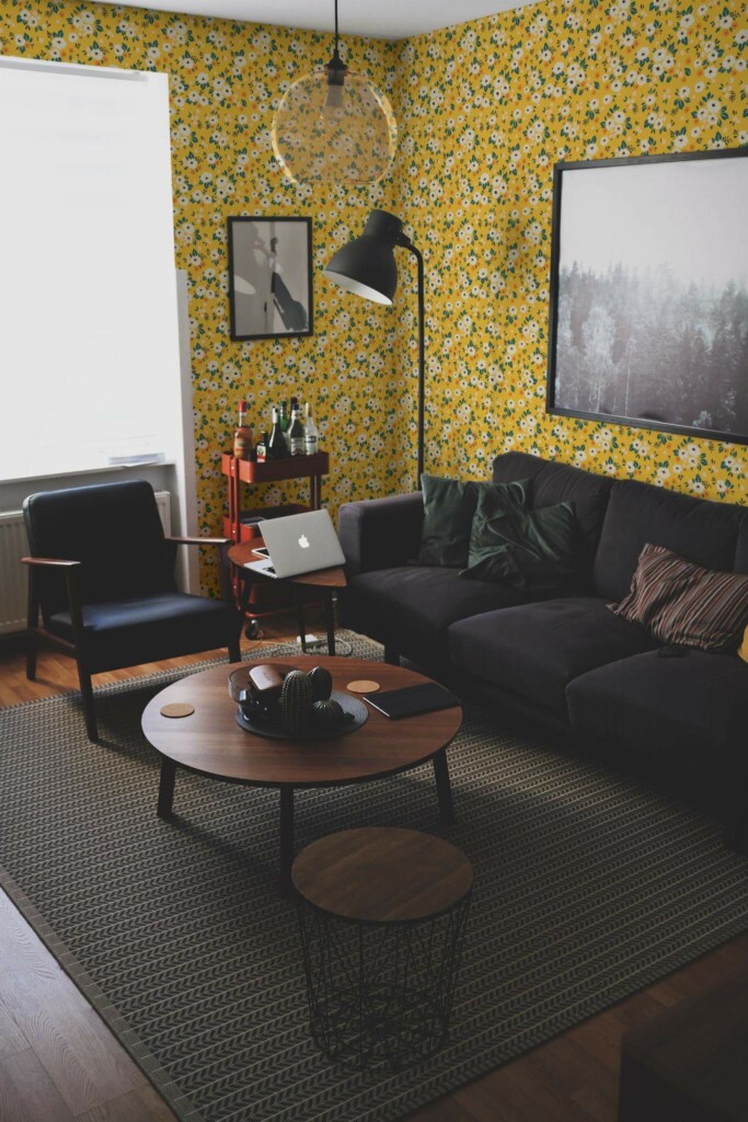 Modern dark industrial style living room decorated with Yellow seamless floral peel and stick wallpaper