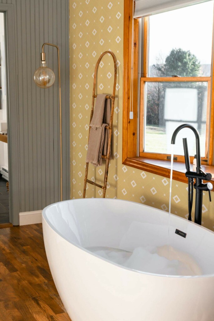 Mid-century modern style bathroom decorated with Yellow square peel and stick wallpaper