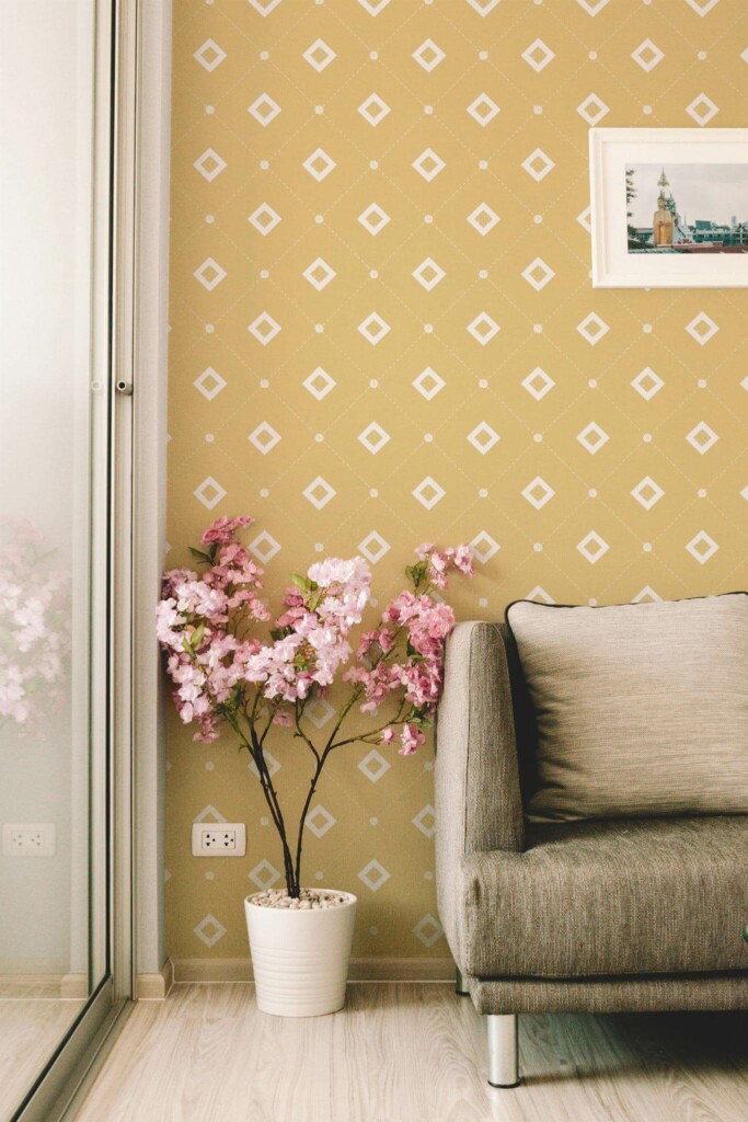Modern farmhouse style living room decorated with Yellow square peel and stick wallpaper