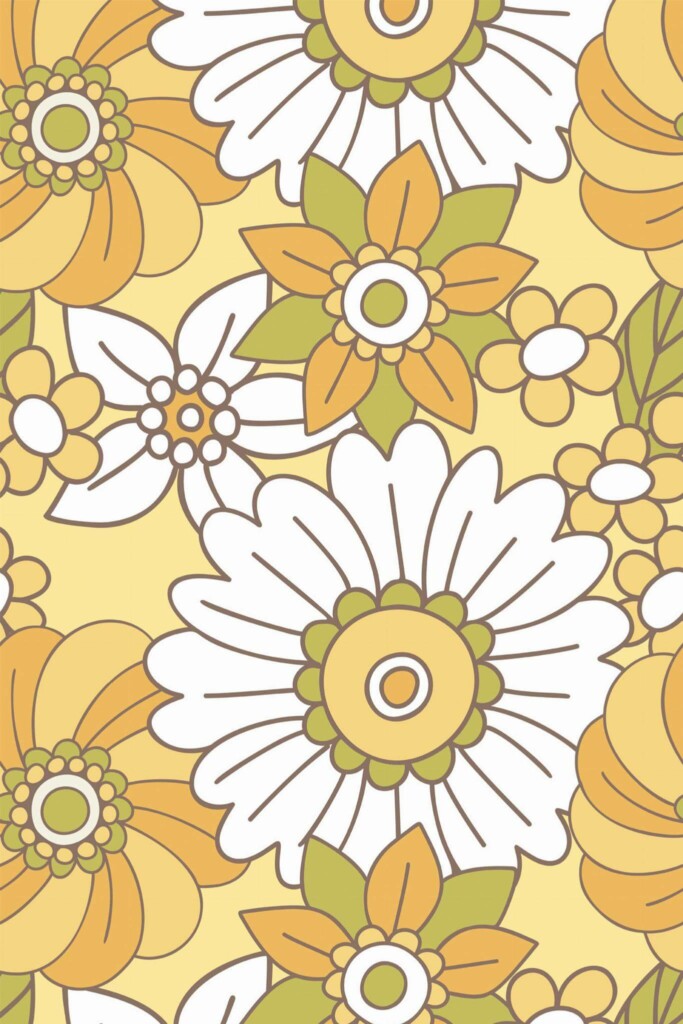 Pattern repeat of Yellow Vintage Blooms removable wallpaper design