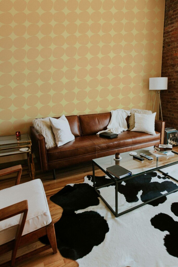 Mid-century modern style living room decorated with Yellow vintage stones peel and stick wallpaper