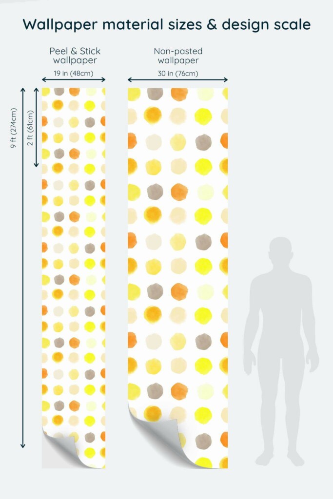 Size comparison of Yellow watercolor dots Peel & Stick and Non-pasted wallpapers with design scale relative to human figure