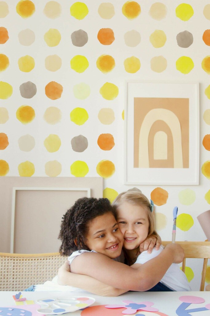 Boho style kids playroom decorated with Yellow watercolor dotted peel and stick wallpaper