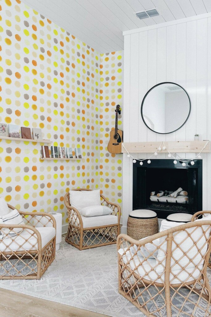 Minimal bohemian style living room decorated with Yellow watercolor dotted peel and stick wallpaper