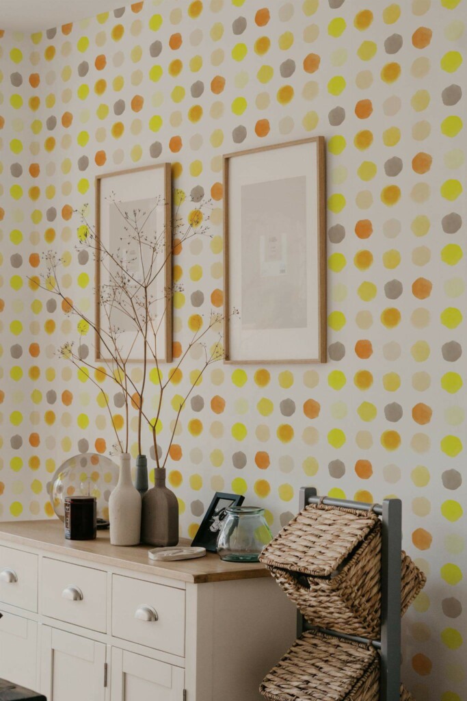 Scandinavian style bedroom decorated with Yellow watercolor dotted peel and stick wallpaper