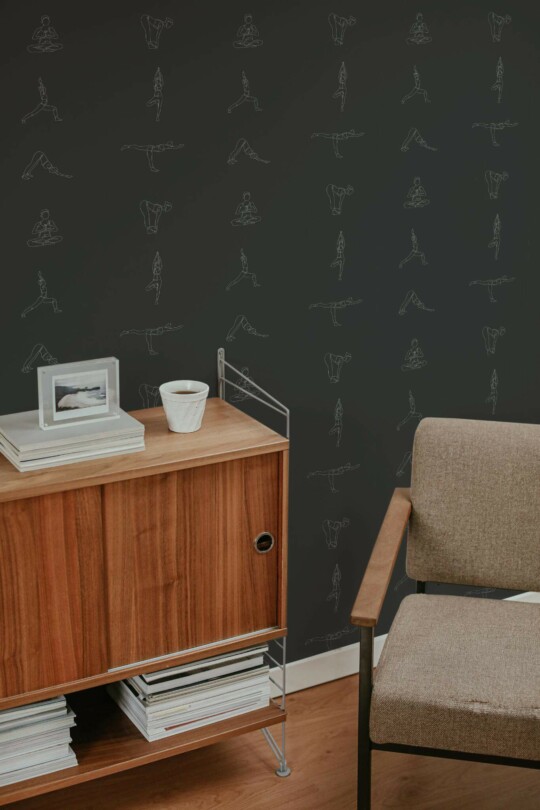 Mid-century style living room decorated with Yoga class peel and stick wallpaper