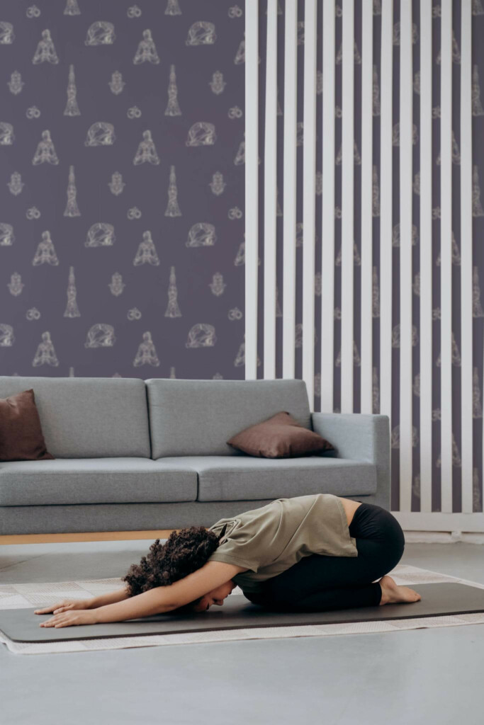 Modern Minimal style yoga room decorated with Yoga positions peel and stick wallpaper