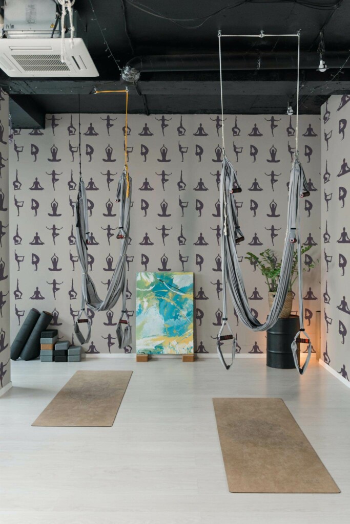 Modern industrial style yoga room decorated with Yoga peel and stick wallpaper