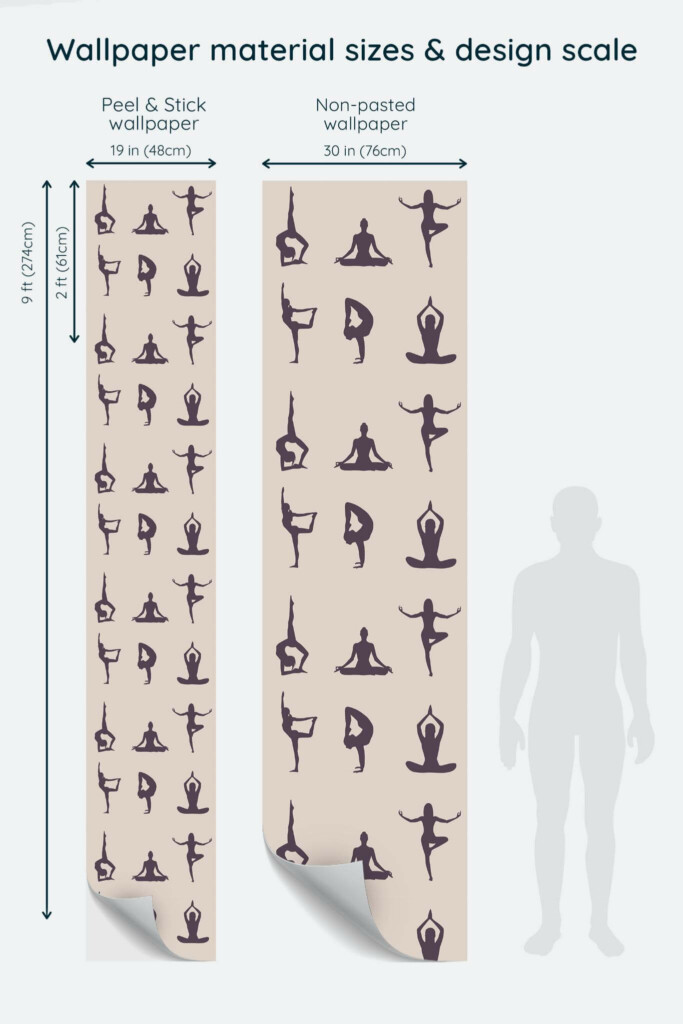 Size comparison of Yoga Peel & Stick and Non-pasted wallpapers with design scale relative to human figure
