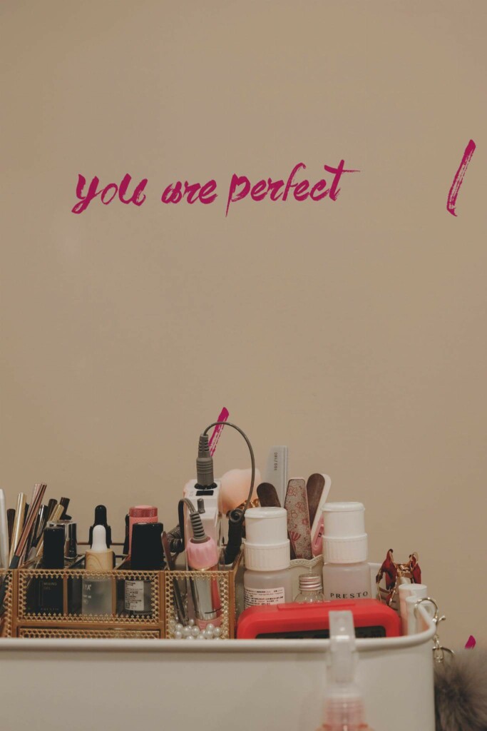 Boho style beauty salon decorated with You are perfect beauty room peel and stick wallpaper