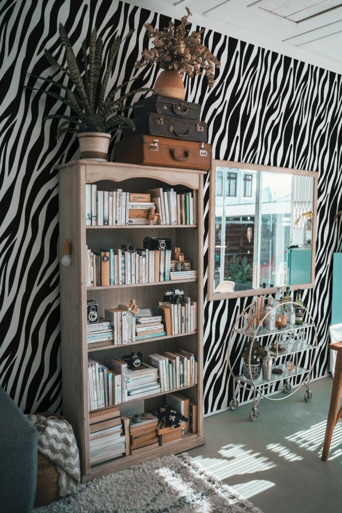 Farmhouse style living room decorated with Zebra print peel and stick wallpaper