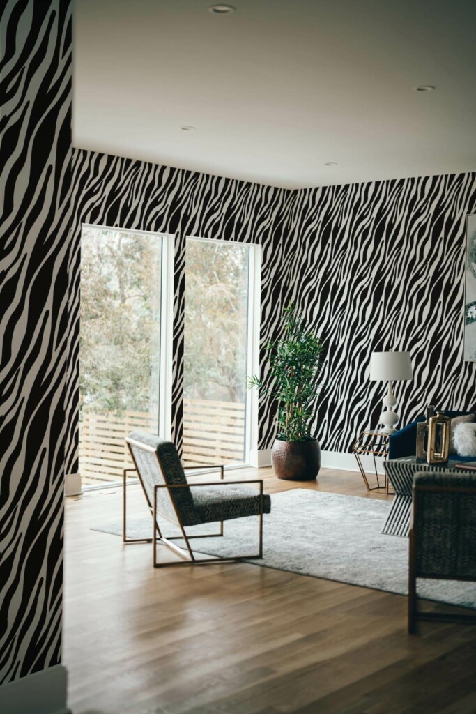 Modern style living room decorated with Zebra print peel and stick wallpaper