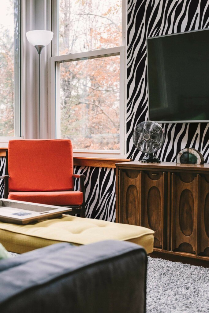 Rustic style living room decorated with Zebra print peel and stick wallpaper