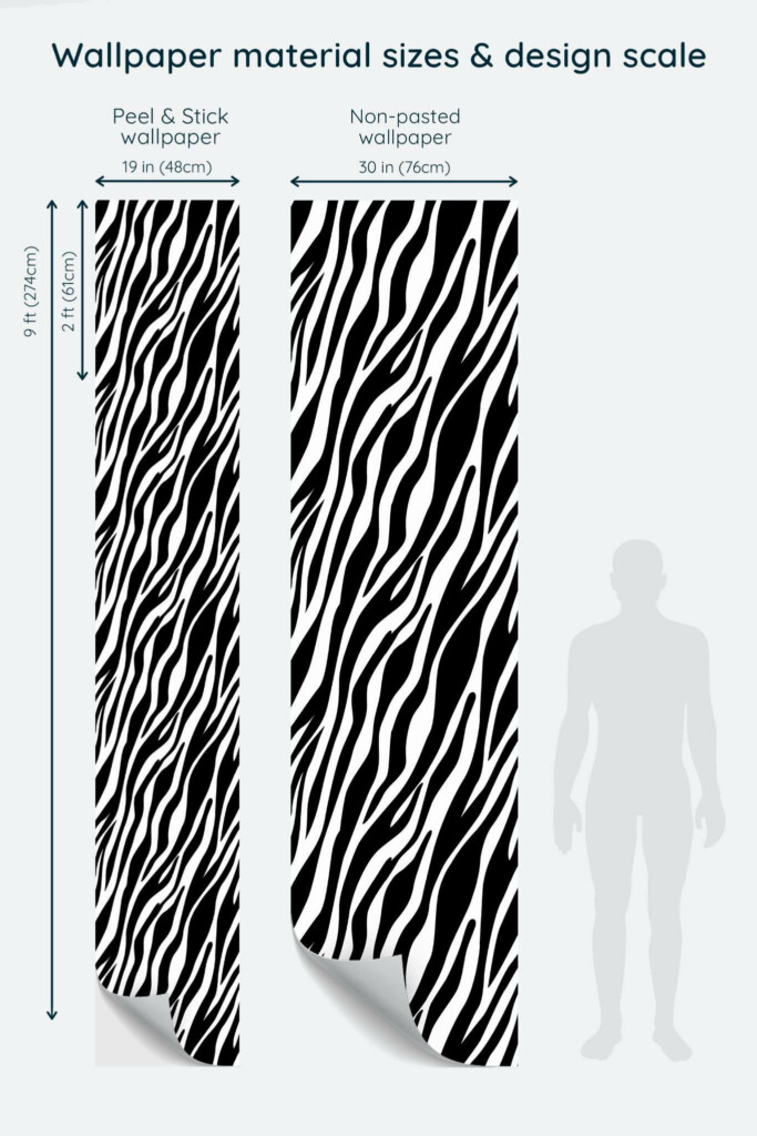 Size comparison of Zebra print Peel & Stick and Non-pasted wallpapers with design scale relative to human figure