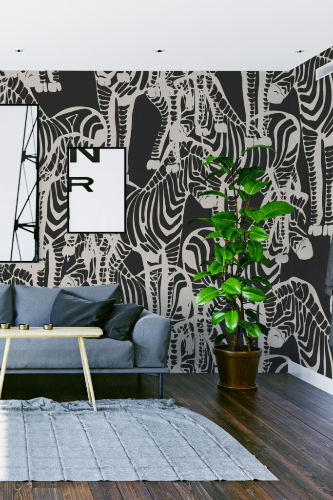 Wall paper mural with bold animal silhouettes in a tropical black and white zebra print, creating visual rhythm and energy. The Fancy Walls peel and stick or non-pasted wallpaper.