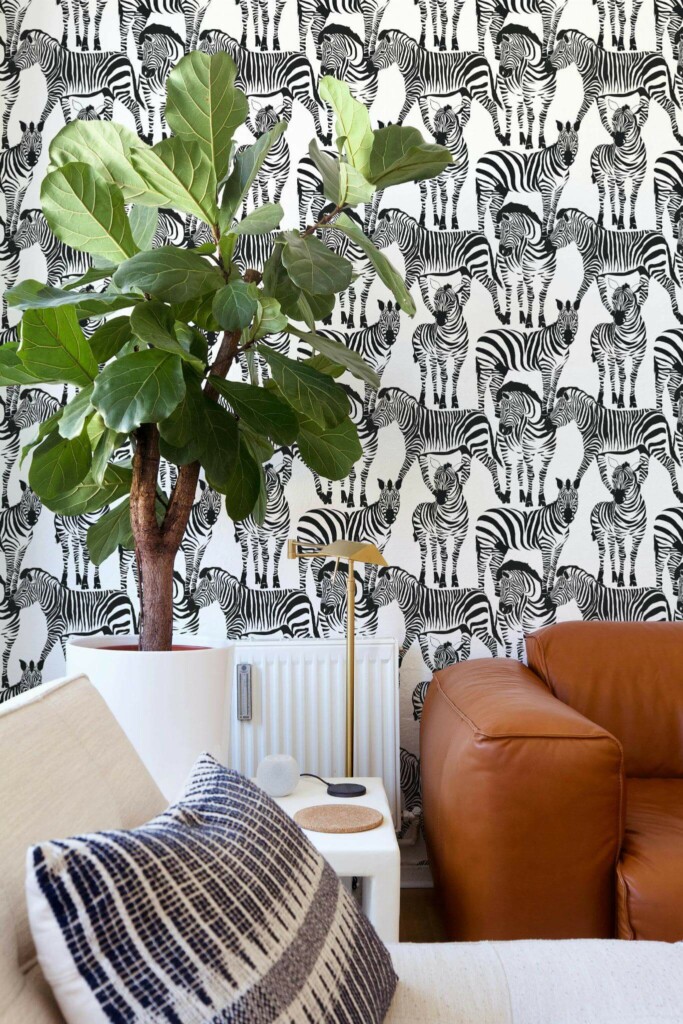 Mid-century style living room decorated with Zebras peel and stick wallpaper