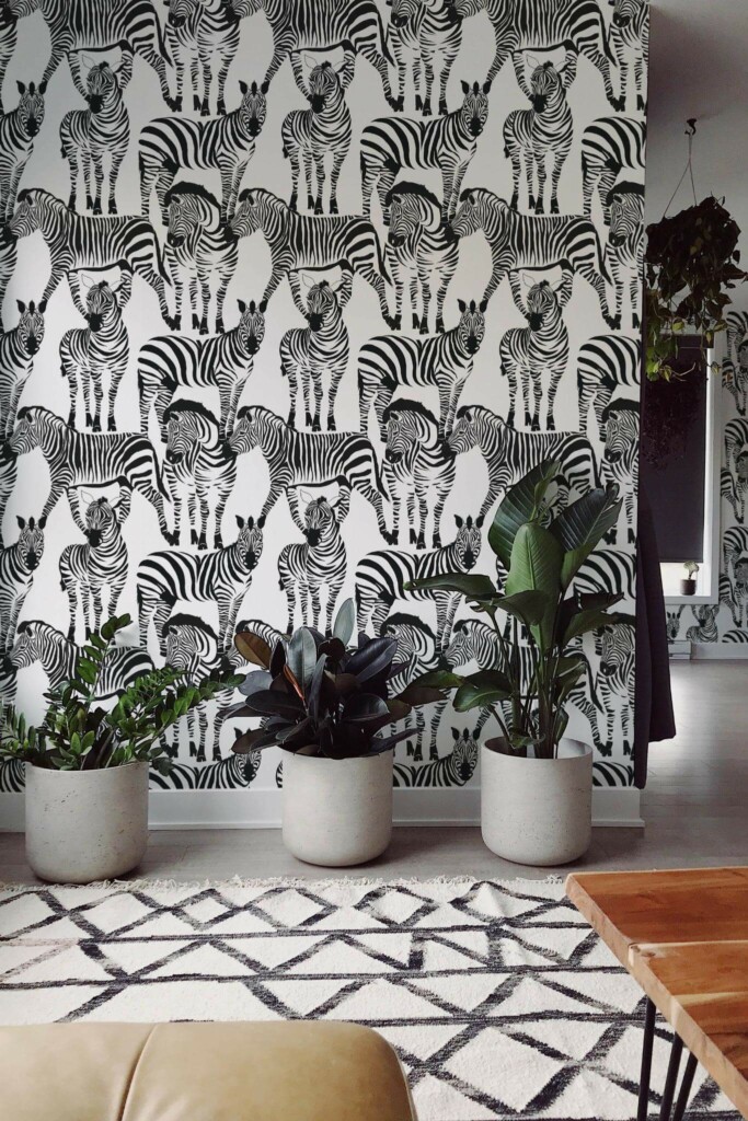 Scandinavian style living room decorated with Zebras peel and stick wallpaper