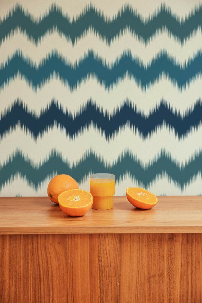 Mid-century style living room decorated with Zig zag ikat peel and stick wallpaper
