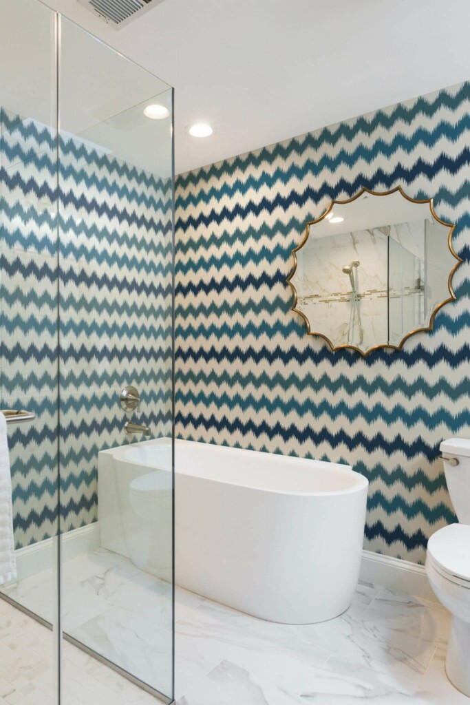 Minimal modern style bathroom decorated with Zig zag ikat peel and stick wallpaper