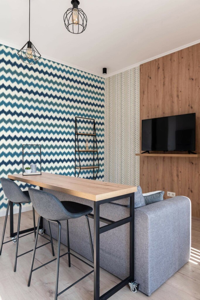 Scandinavian style open living room decorated with Zig zag ikat peel and stick wallpaper