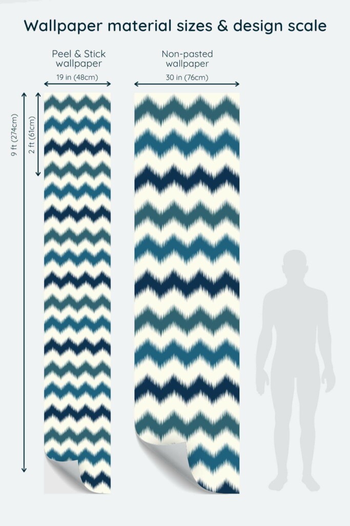 Size comparison of Zig zag ikat Peel & Stick and Non-pasted wallpapers with design scale relative to human figure