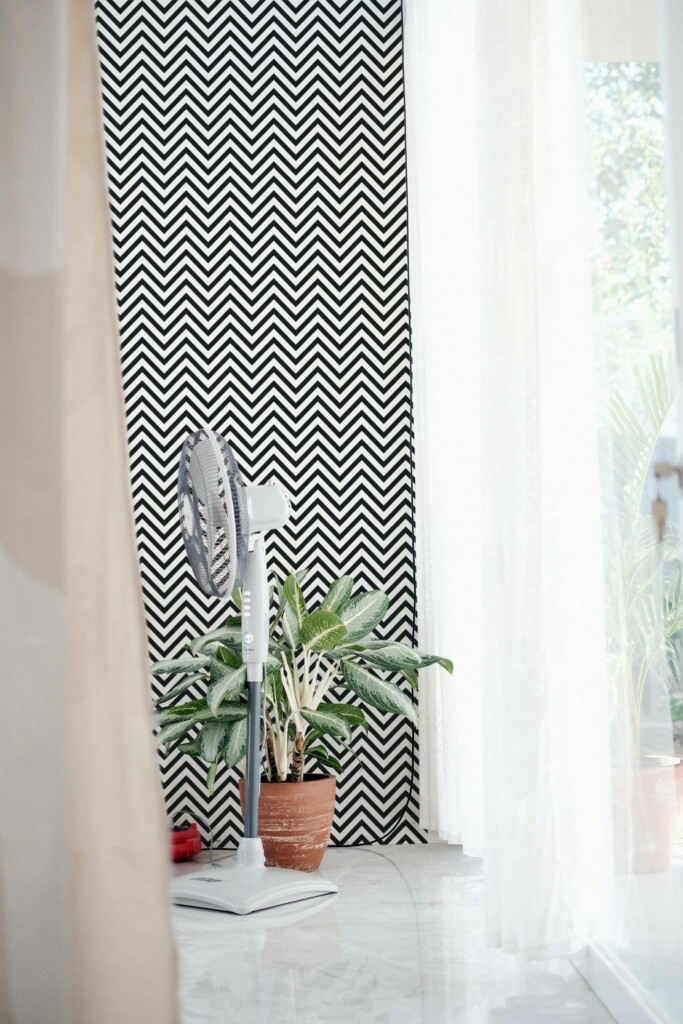 Minimal style living room decorated with Zig zag peel and stick wallpaper